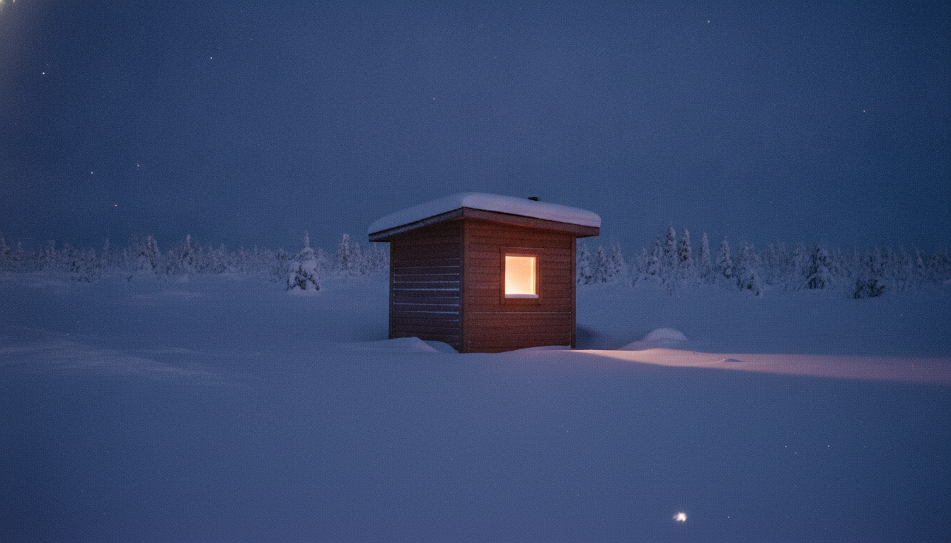 Sauna cabin glowing in the snow at night