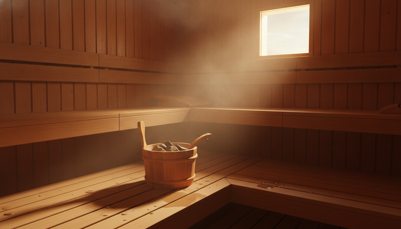 Cedar sauna interior in golden light